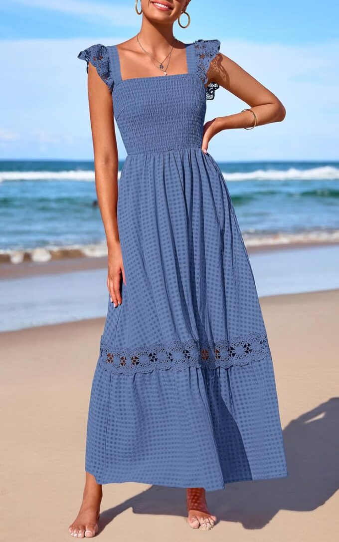 PRETTYGARDEN Women's Smocked Summer Maxi Dresses 2025 Ruffle Cap Sleeve Square Neck Lace Detail Flowy Sundress with Pockets – Bild 2