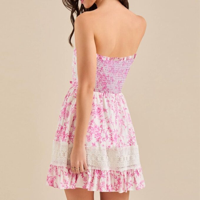 Women's Floral Tube Top Dress Casual Summer Strapless Mini Dresses Lace Patchwork Cute Ruffled Flowy Short Sundress – Bild 3