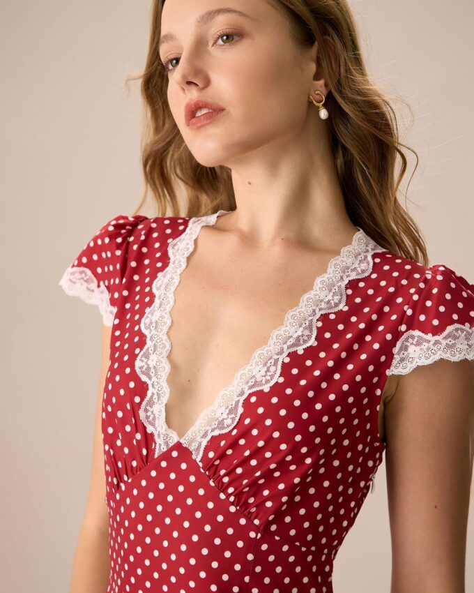 Women Summer Dresses Deep V Neck Polka Dot Prined Splice Lace Dress Elegant Cotton for Party – Bild 8