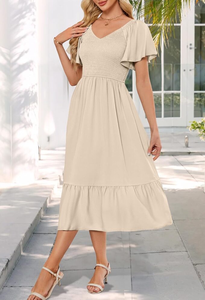 MEROKEETY Women's Summer Casual V Neck Ruffle Sleeve Smocked High Waist Midi Dress with Pockets – Bild 3