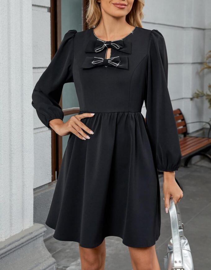 Women's Bow Neck Mini Dresses A Line Rhinestone Short Dress Long Sleeves Flowy Summer Babydoll Dress – Bild 4