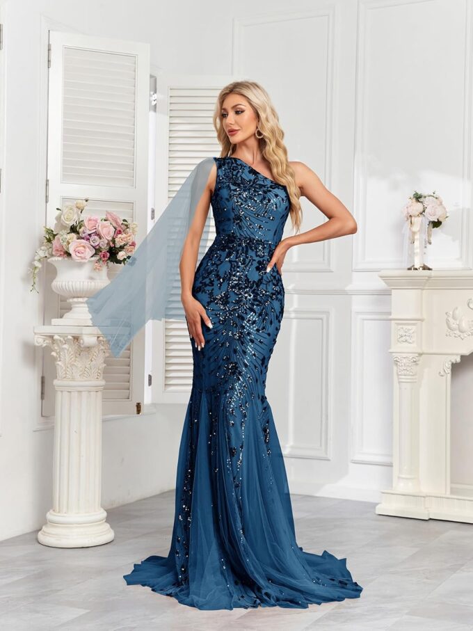 One Shoulder Glitter Mermaid Dress for Mother of The Bride Women's Sexy Sequin Formal Gown – Bild 6