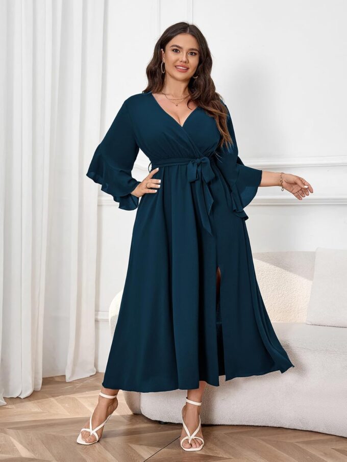 Womens Plus Size Dress Wedding Guest Cocktail Ruffle Half Sleeve Wrap V Neck Slit A Line Maxi Dresses with Belt – Bild 5