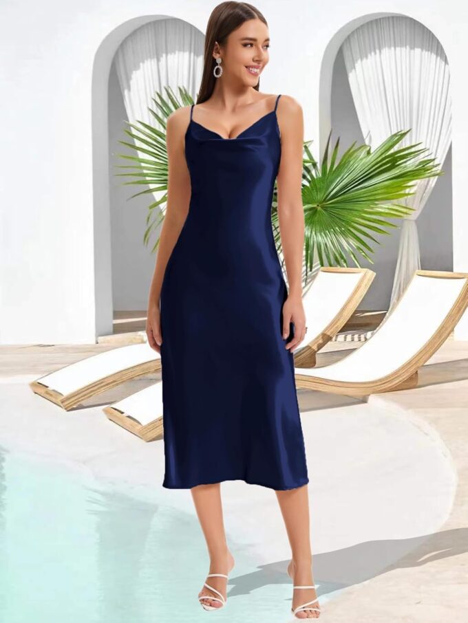 Women's Spaghetti Strap Midi Satin Slik Dress Cowl Neck Long Slip Ruched Evening Dress Party Cocktail – Bild 8