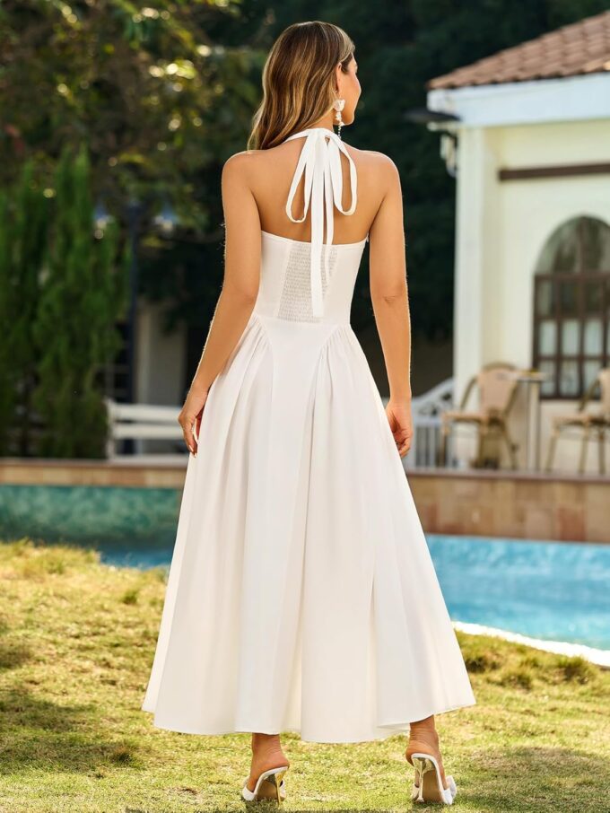 KUTUMAI Summer Floral Corset Midi Dress Halter Smocked Sundress Flowy A Line Beach Wedding Guest Dresses for Women 2025 – Bild 3