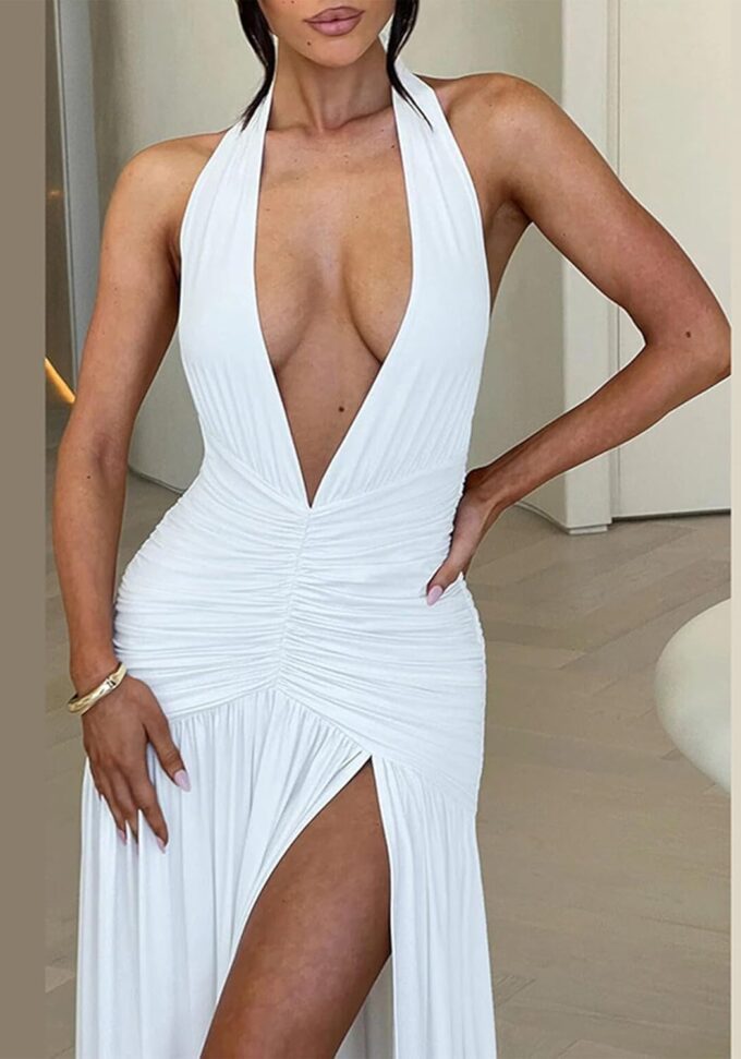 Tcremisa Womens Summer Halter Deep V Neck Maxi Dress Sexy Sleeveless Backless High Slit Long Cocktail Party Dresses – Bild 4
