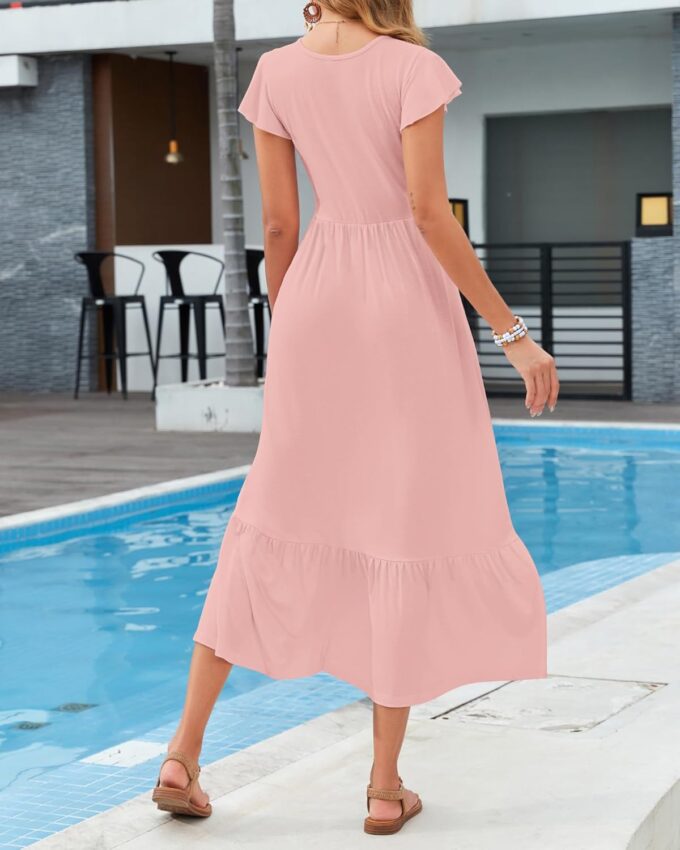 AUSELILY Womens Summer Maxi Dresses 2025 Casual Ruffle Sleeve Crewneck Loose Flowy Tiered Beach Sundress with Pockets – Bild 3
