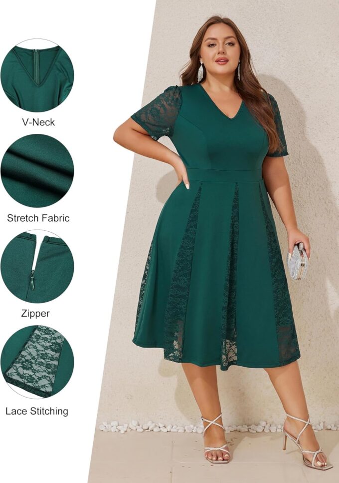ZNU Women’s Plus Size Wedding Guests Dresses for Formal Lace Short Sleeve V-Neck Cocktail Evening Party Dress Midi Dress – Bild 8
