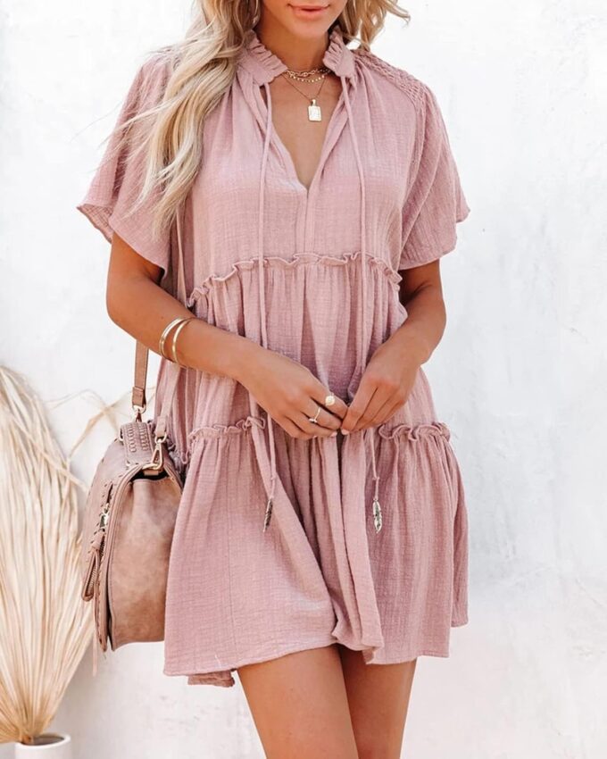 Womens Split V Neck Drawstring Neck Tie Ruffle Tiered Dress Short Sleeve Babydoll Tunic Swing Mini Dresses Sundresses – Bild 3