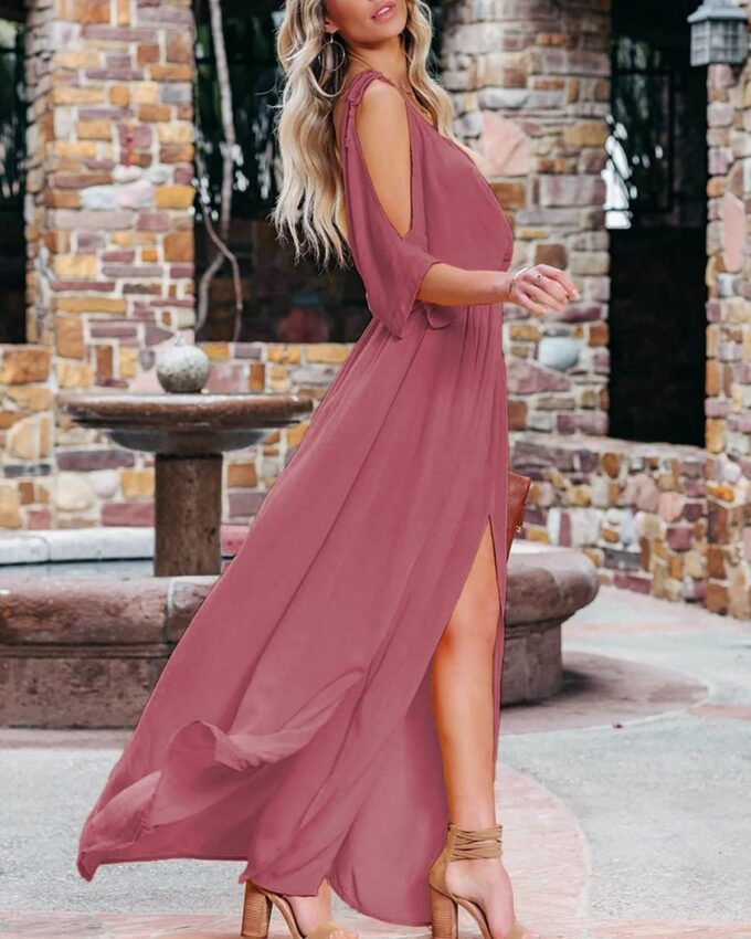 DEEP SELF Women Summer V Neck Cold Shoulder Short Sleeve Maxi Dress High Waist Split Wedding Guest Long Dress – Bild 4