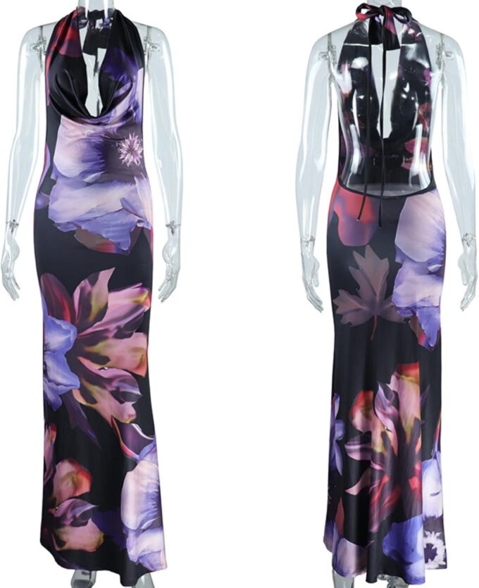 Women's Sexy Purple Print Backless Maxi Dress Elegant Sleeveless Draped Cowl Neck Bodycon Summer Beach Cocktail Party Dress – Bild 7