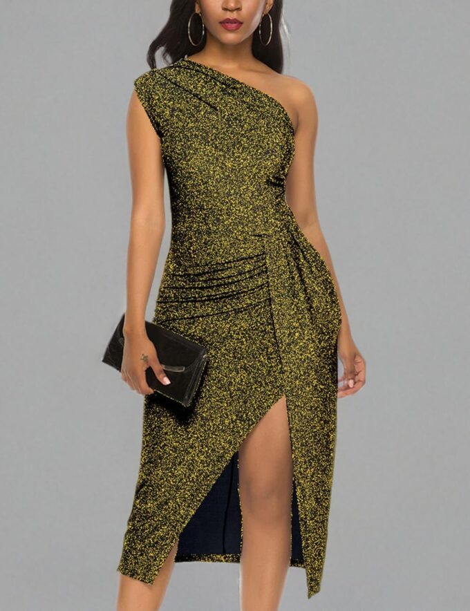 Womens Elegant Sleeveless one Shoulder Ruched High Slit Evening Cocktail Party Dresses – Bild 6