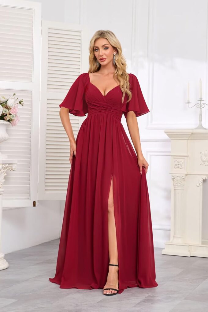 Women's Flutter Sleeves Chiffon Bridesmaid Dresses with Slit Long A Line V-Neck Formal Party Dress with Pockets – Bild 4