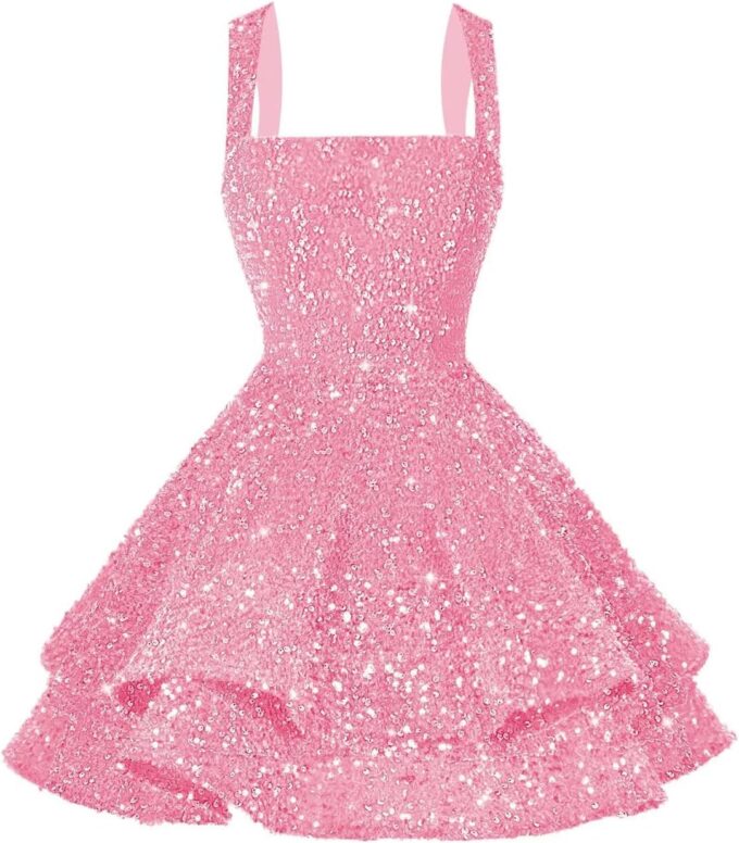 Women's Short Scoop Neck Sequin Homecoming Dresses Sparkly Sweet 16 Photo Tiered Short Cocktail Party Gown DE237 – Bild 4