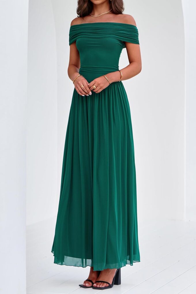 MASCOMODA Women Off The Shoulder Mesh Maxi Dress Bodycon Ruched Formal Sleeveless Pleated Cocktail Wedding Guest Long Dresses – Bild 5