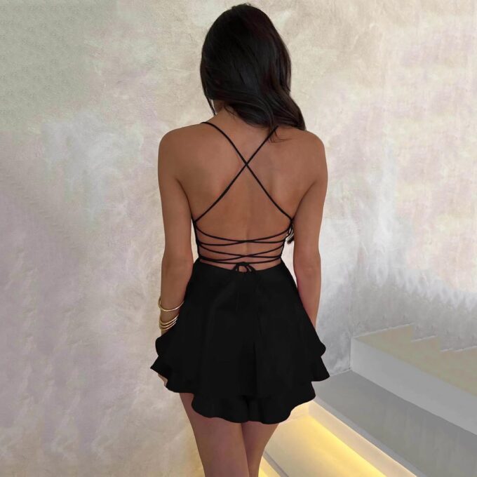 Women Sexy Spaghetti Strap Satin Dress Sleeveless Low Cut Backless Short Romper Dress Party Jumpsuit Mini Sundress – Bild 2