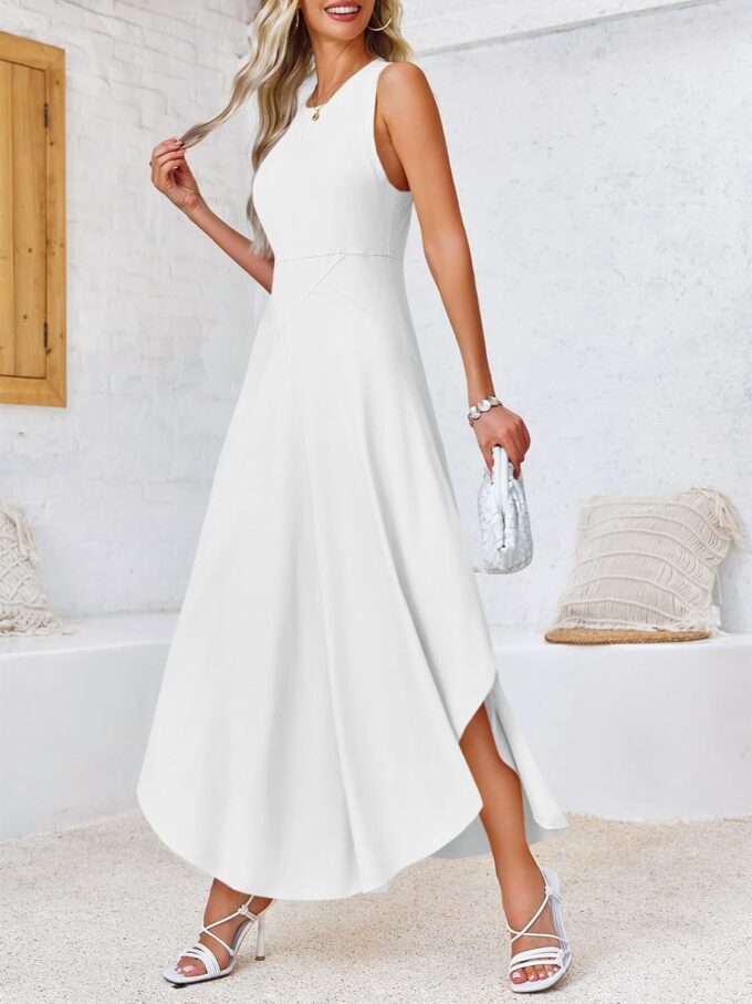 Fisoew Womens Summer Sleeveless Maxi Dress Asymmetrical Hem Crew Neck High Waist A Line Flowy Casual Long Beach Dress – Bild 3