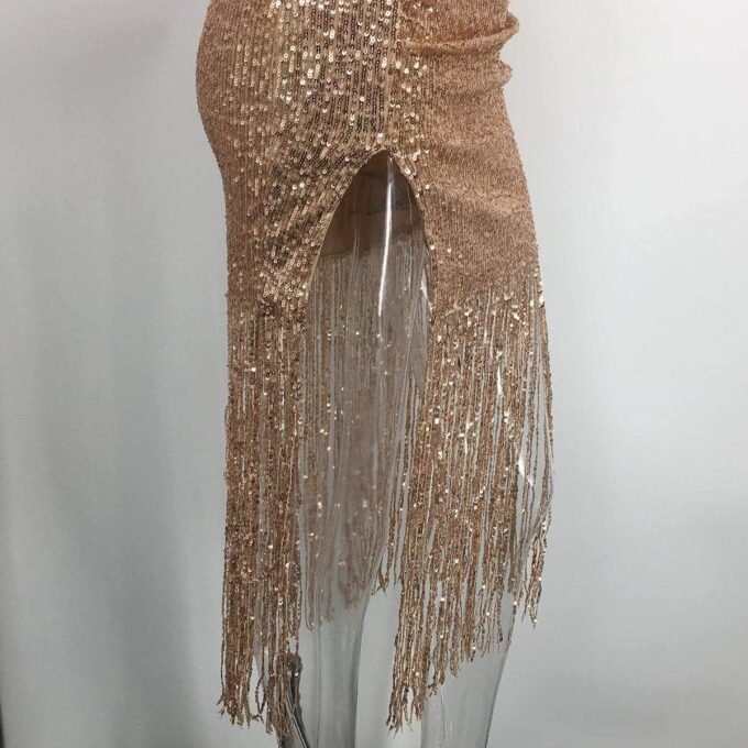 Women Tassel Deep V Neck Slip Dress Backless Off Shoulder Sequin Sexy Dresses Spaghetti Strap Bodycon Clubwear – Bild 7