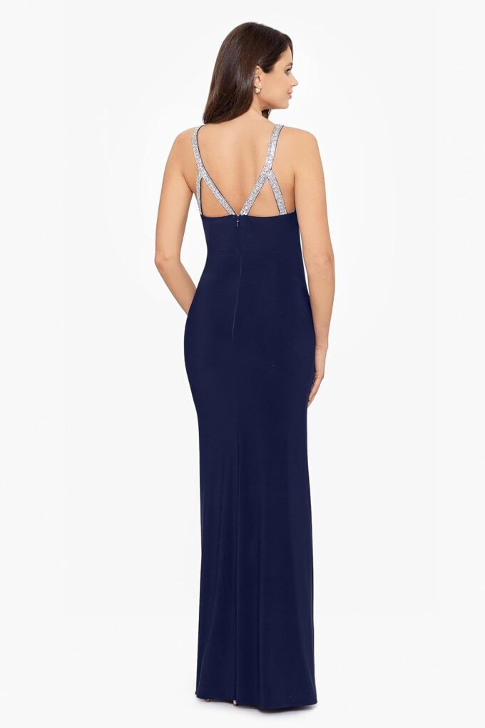 Betsy & Adam Women's Long Halter Neck Sleeveless Gown with Rhinestone Straps – Bild 2