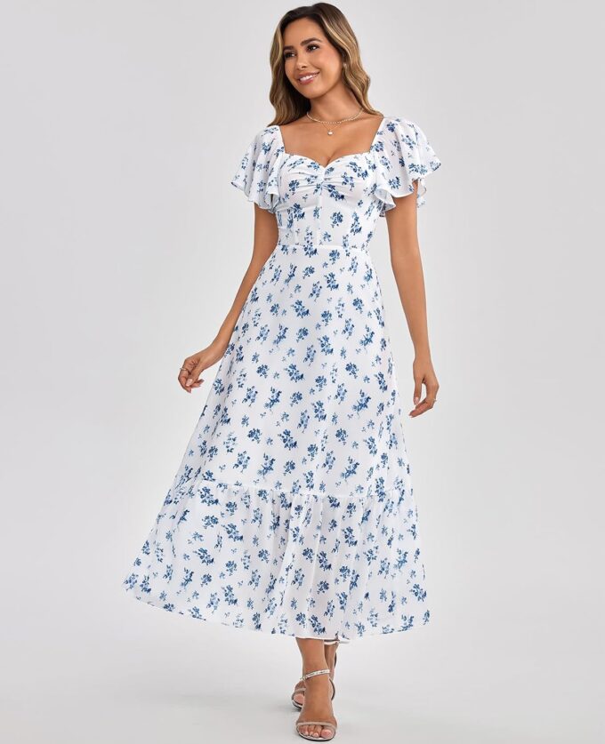 GLNEGE Women's 2025 Summer Midi Floral Boho Dresses Casual Flowy Beach Short Sleeve Dress Ruffle Hem Smocked Sundresses – Bild 5