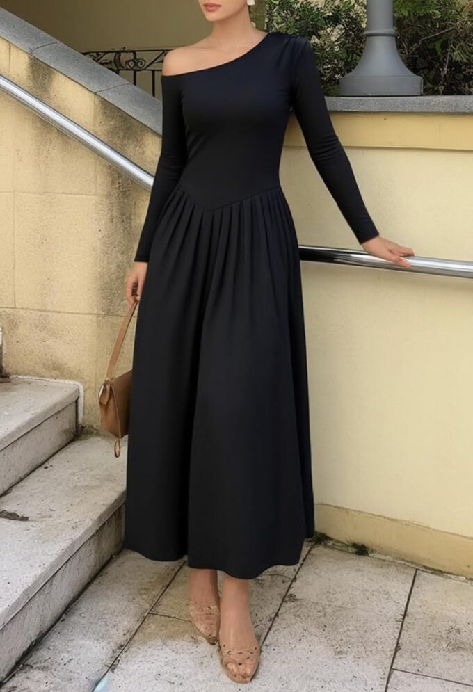 MEROKEETY Women's Fall Long Sleeve Maxi Dresses 2025 Off Shoulder Slim Swing Pleated Formal Dress Pockets – Bild 8