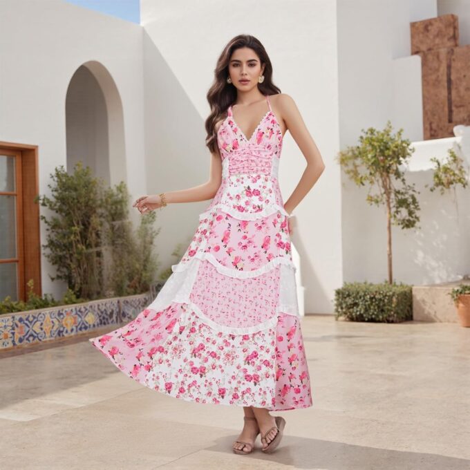 Women Floral Flowy Maxi Dress Lace Patchwork Boho Y2K Long Dress Cute Spaghetti Strap V Neck Low Cut Beach Sundress – Bild 2