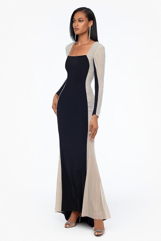 Xscape Women's Square Neck Long Sleeve Beaded Contour Gown – Bild 2