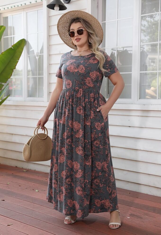 Nemidor Plus Size Maxi Dresses for Curvy Women Summer Casual Loose Short Sleeve Long Beach Dress with Pocket – Bild 5