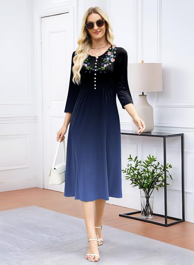 Soesdemo Womens Dresses 3/4 Sleeve V Neck Pleated Button Down Casual Flowy Midi Vacation Sundresses with Pockets – Bild 2