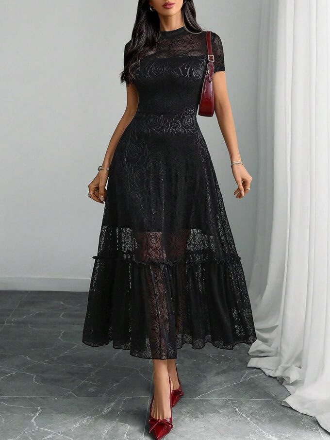 GothDark Womens Elegant Vintage Floral Lace Dress Short Sleeve Double Layer Gothic Midi Wedding Guest Casual Dress – Bild 6