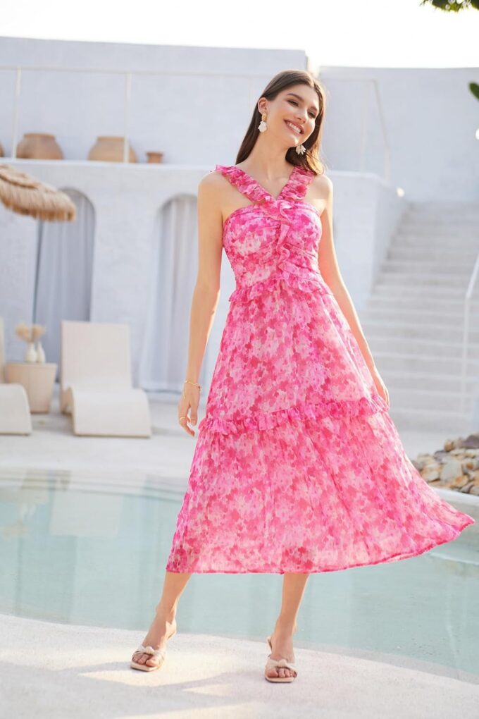 GRACE KARIN Women’s Summer Boho Floral Tiered Dress Strap A Line Swing Flowy Midi Dress Ruffle Beach Wedding Guest Dress – Bild 2