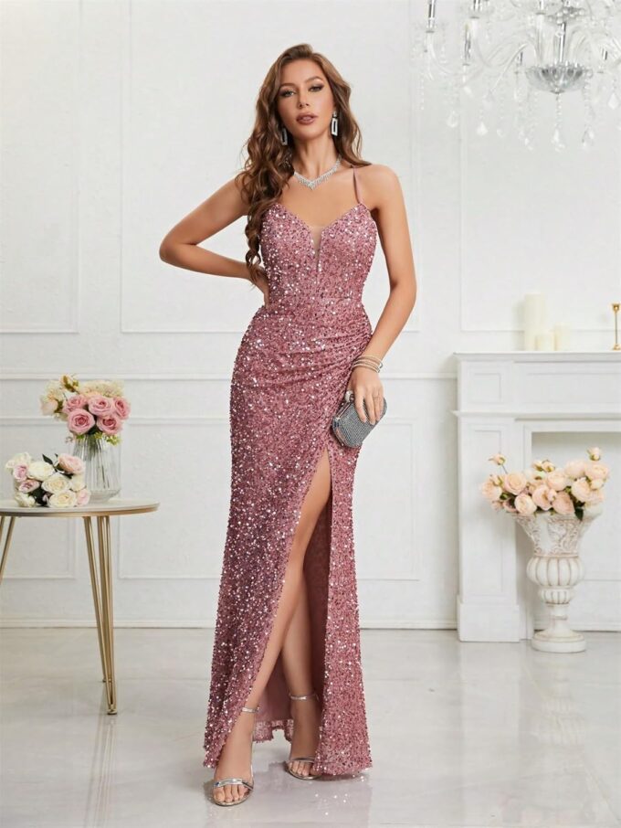 Sequin Dress for Women Prom Dress Sexy V-Neck Bodycon Sequin Gowns and Evening Dresses – Bild 5