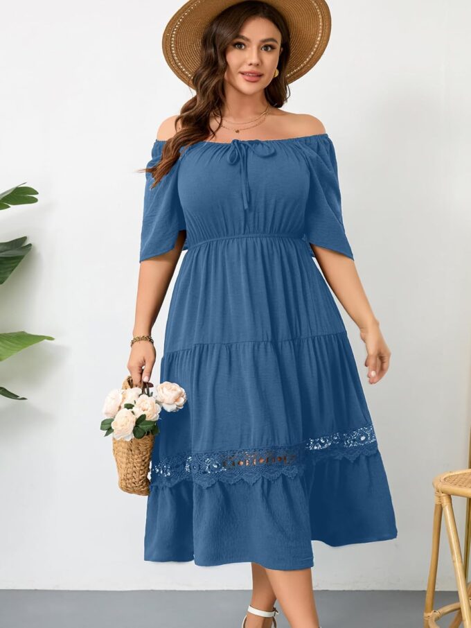 RWJ Women's Plus Size Maxi Dress Short Sleeve Square Neck Flowy A-Line Lace Trim Flutter Party Casual Off Shoulder Dresses – Bild 3