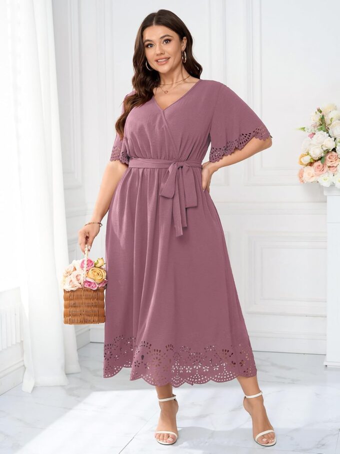 Womens Plus Size Wedding Guest Cocktail Dress Wrap V Neck A-Line Swing Maxi Dresses with Belt – Bild 3