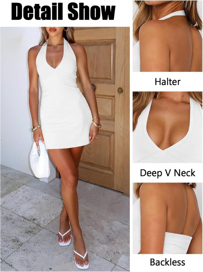 Women's Summer Sexy Halter V Neck Mini Dress for Women Slim Fit Club Party Going Out Bodycon Short Dresses – Bild 4