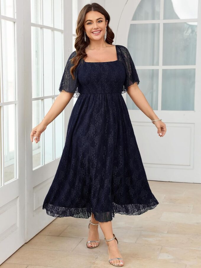 SCOMCHIC Women's Plus Size Wedding Guest Dress Formal Lace Square Neck Short Sleeve Smocked Flowy Cocktail Maxi Dresses – Bild 4