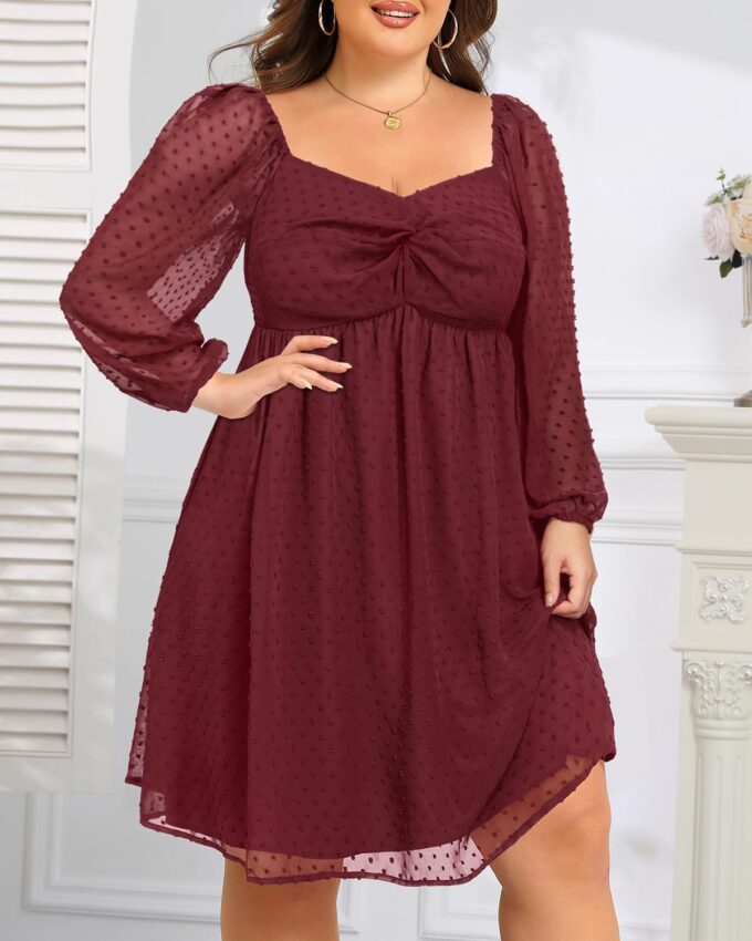 Plus Size Graduation Dress - Summer Swiss Dot Sweetheart Neckline Short Sundress Puff Sleeve Cute Flowy Chiffon Dresses – Bild 2