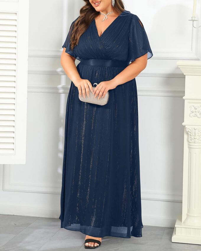 Plus Size Formal Dress - Chiffon V Neck Bridesmaid Wedding Guest Party Short Sleeve A-Line Floor Length Dresses – Bild 5