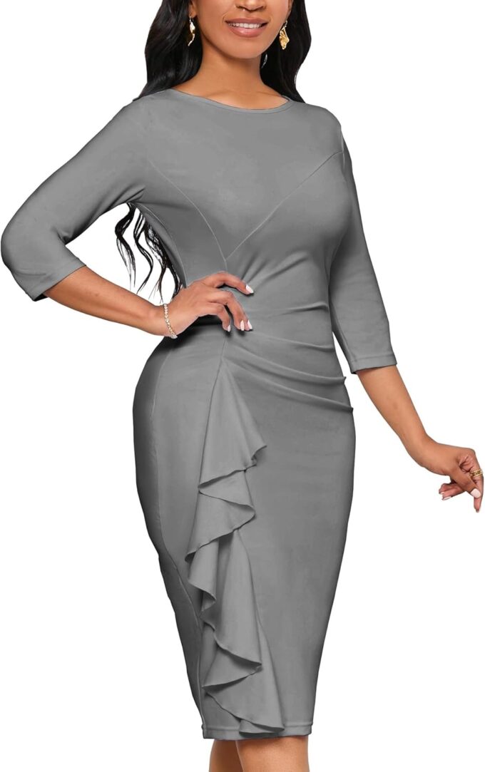 Church Dresses for Women 3/4 Sleeve Bodycon Ruffle Vintage Wear to Work Pencil Midi Dress – Bild 4
