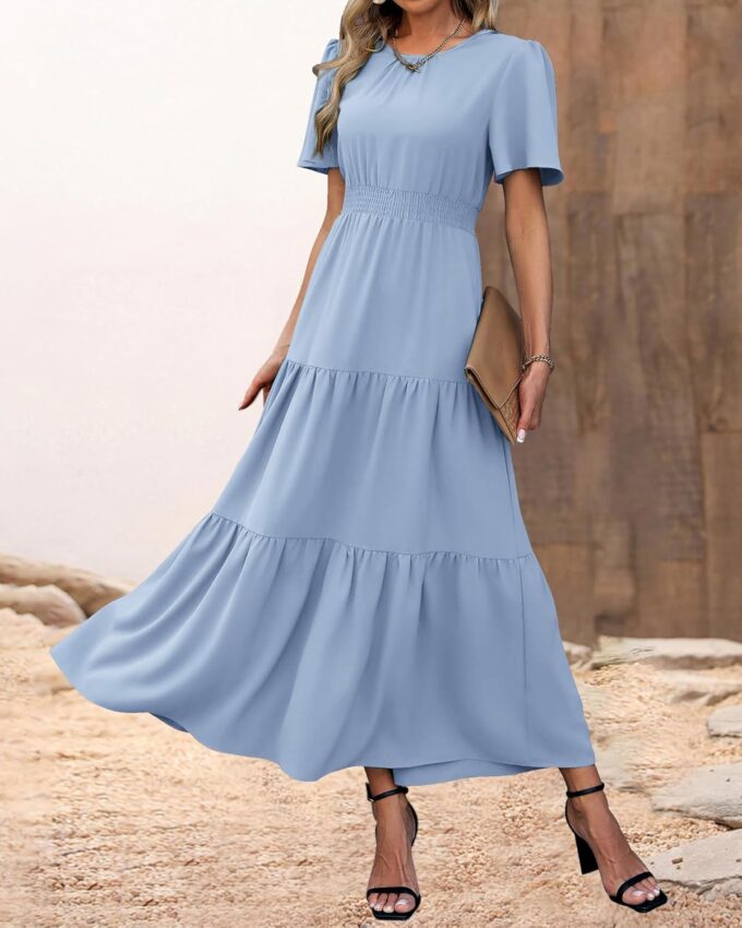 PRETTYGARDEN Women's Summer Casual Short Flutter Sleeve Round Neck Smocked Waist Tiered Boho Floral Flowy Maxi Dress – Bild 2