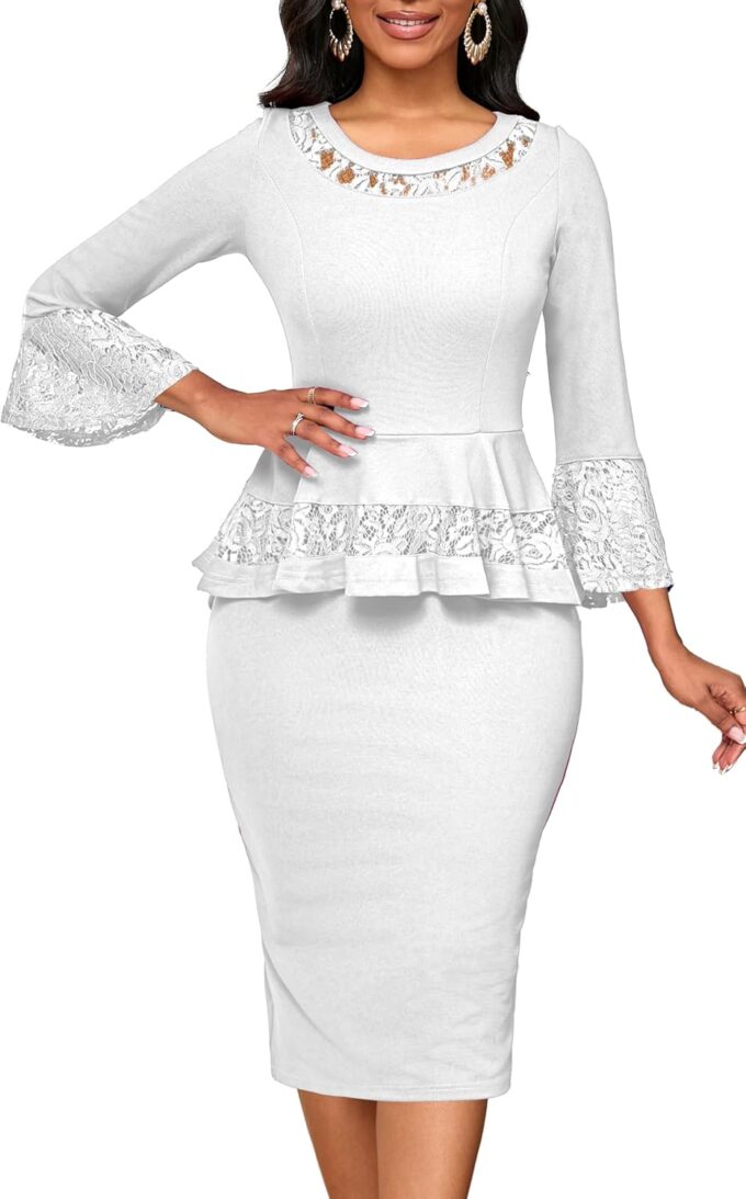 Elegant Dresses for Women Wear to Work Long Sleeve Cocktail Business Knee Length Pencil Lace Dress – Bild 3
