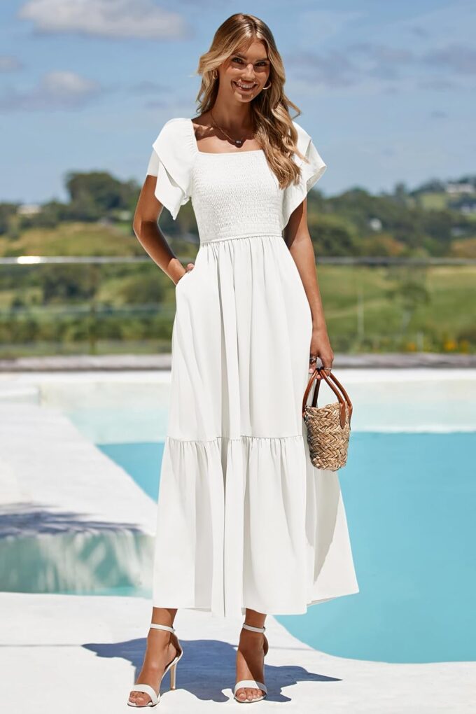 MASCOMODA Womens Summer Casual Midi Dress Square Neck Ruffle Short Sleeve Smocked High Waist A Line Wedding Guest Dresses – Bild 4