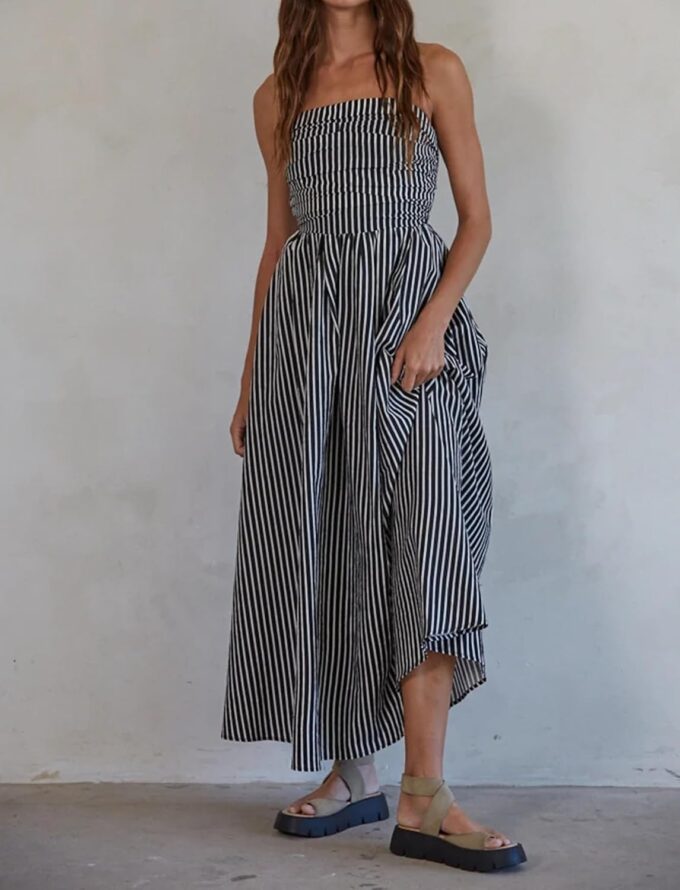 Women Striped Strapless Sleeveless Flowy Summer Casual Tube Maxi Long Dress with Pockets – Bild 6