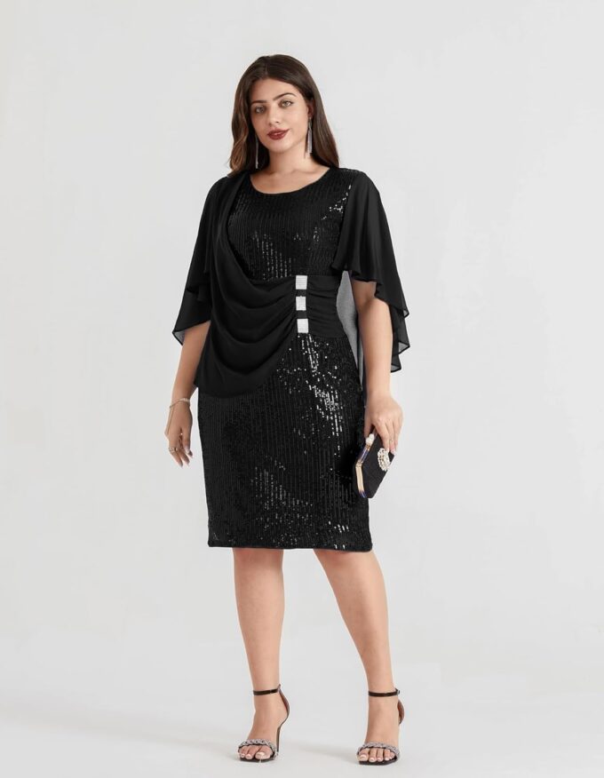 Hanna Nikole 2024 Womens Sequin Party Dress Plus Size Chiffon Cape Sleeve Cocktail Midi Dress – Bild 9