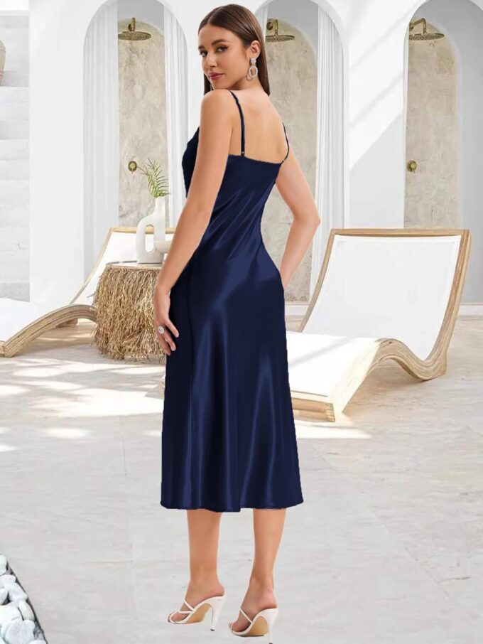 Women's Spaghetti Strap Midi Satin Slik Dress Cowl Neck Long Slip Ruched Evening Dress Party Cocktail – Bild 3