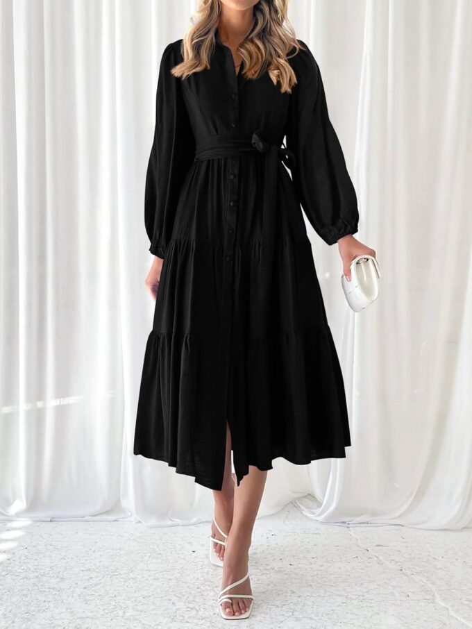 MASCOMODA Womens Dresses 2025 Fall Long Sleeve Midi Dress Casual V Neck Button Down Tiered Flowy Aline Tie Waist Shirt Dress – Bild 3