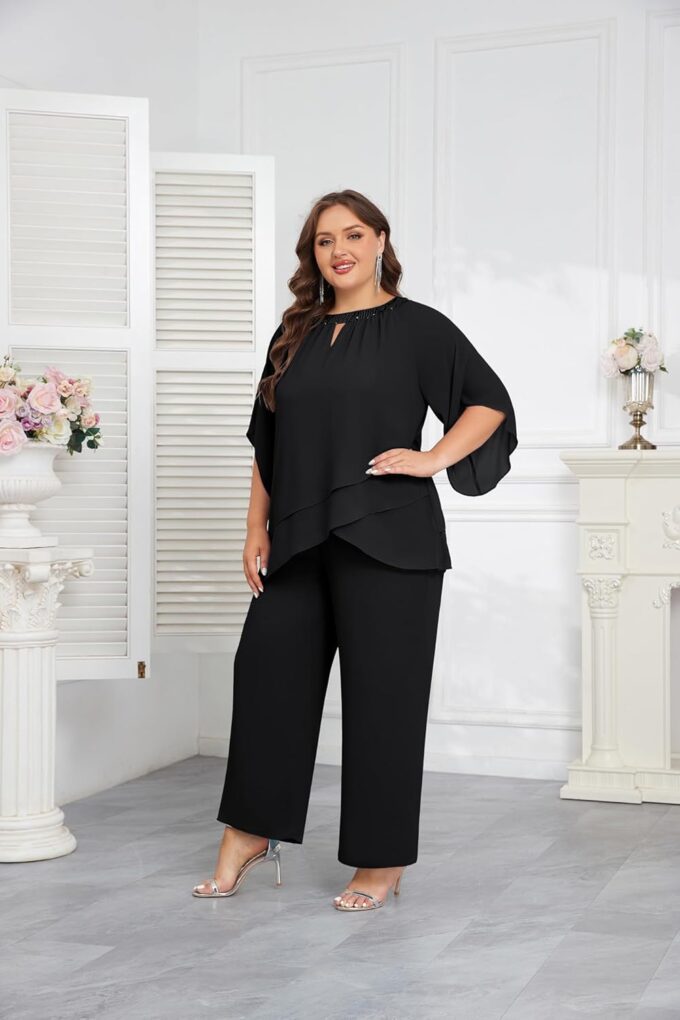 Hanna Nikole Mother of Bride Pant Suits Plus Size Half Sleeve 2 Piece Chiffon Pantsuit Formal Wedding Guest Outfit – Bild 4