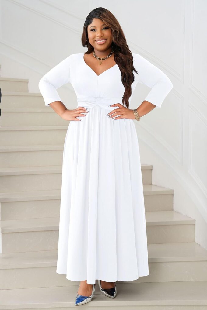 FANDEE Casual Maxi Dress for Women Summer Wtih Pockets 3/4 Sleeve V Neck Elastic High Waist Elegant Pleated A-Line Dresses – Bild 4