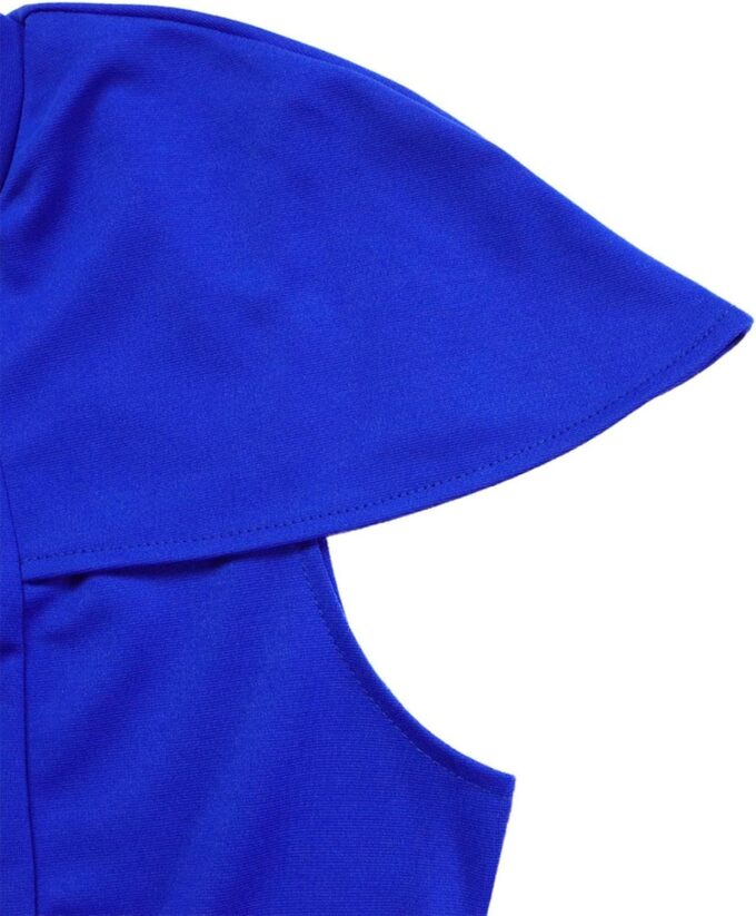 Damen Elegant Plissee Bodycon Kleid Rundhals Kurze Flügelärmel Formal Arbeit Midi Bleistiftkleid, Blau, Klein – Bild 6