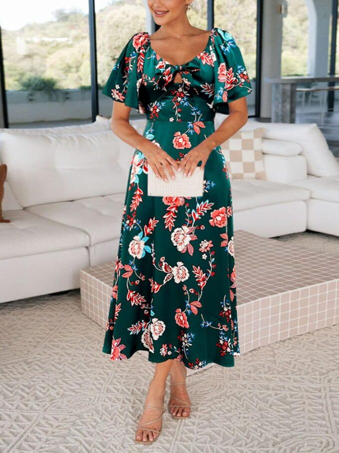 Fashionme Womens Dresses 2025 Maxi Dresses Deep V Neck Elegant Bow Tie Front Cap Sleeve Summer Floral Satin Smocked Dress – Bild 3